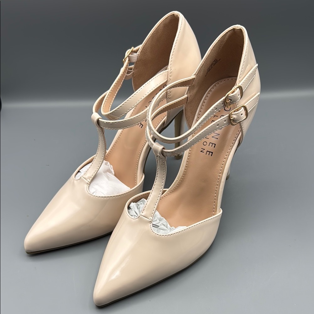 Journee Collection Nude Patent T-Strap Pointed Toe Heels